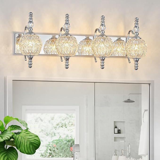 Modern Crystal Bathroom Vanity Lights Fixtures Over Mirror Chrome Vintage 4-Lights 28 Inch Bathroom Light Fixtures Glass Crystal Vanity Lights