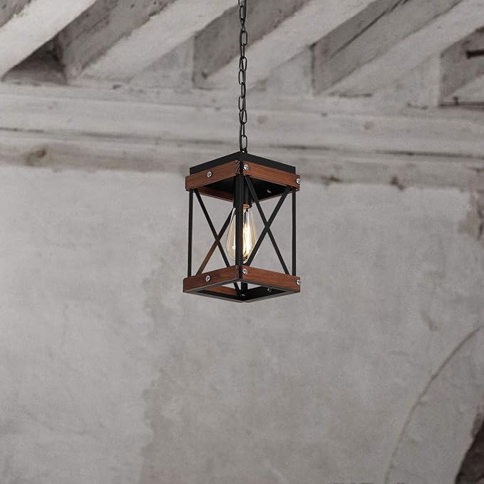 Fivess Lighting Rustic Farmhouse Plug in Pendant Light with 15ft Cord, On/Off Switch, Wood & Metal Cage Adjustable Chains Industrial Mini Hanging Fixture for Kitchen Island Sink Bar Farmhouse, Black