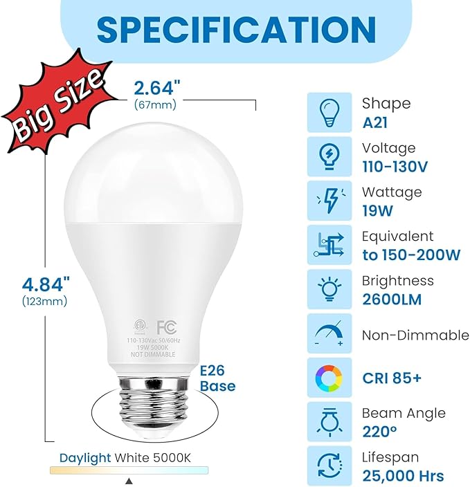 Super Bright LED Light Bulbs, 150 Watt Equivalent, 5000K Daylight White, 2600 High Lumen, E26 Base, Non-Dimmable, A21 19W Energy Efficient Bright White LED Bulbs for Home Office Porch, 6-Pack