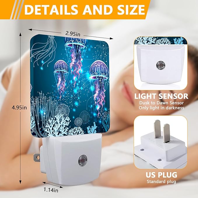 Jellyfish Night Light, Plug-into Underworld Sea Animals Nightlight White LED Lamp, Energy Efficient Decor Desk Lamp for Bedroom Hallway Stairs Bathroom