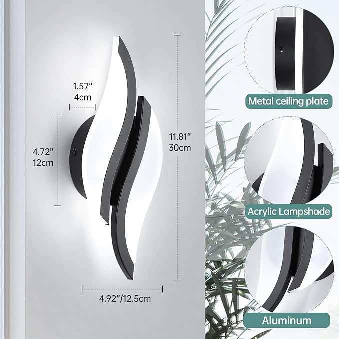 CANEOE Modern LED Wall Sconce 6000K Cold White Black Indoor Wall Light Fixtures Acrylic Wall Sconce Lighting for Living Room Bedroom Bedside Bathroom Hallway Stairway Wall Lamp