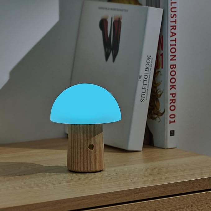 Gingko 7 Colour Changing RGB Alice Mushroom Lamp, Long Life Battery, USB-C Charging, 3 Light Modes, FSC Certified Wood with Frosted Glass, Touch Button Control (Mini, White Ash)