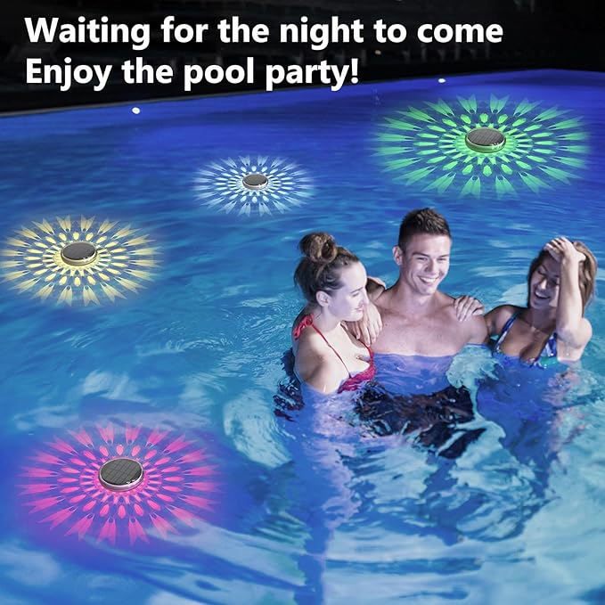 Solar Rechargeable Floating Pool Lights(4 Pack), Pool Lights That Float with Remote Control, 9 Lighting, Timing Mode, IPX7 Waterproof for Inground Pool, Bathroom, Bathtub, Pool Party