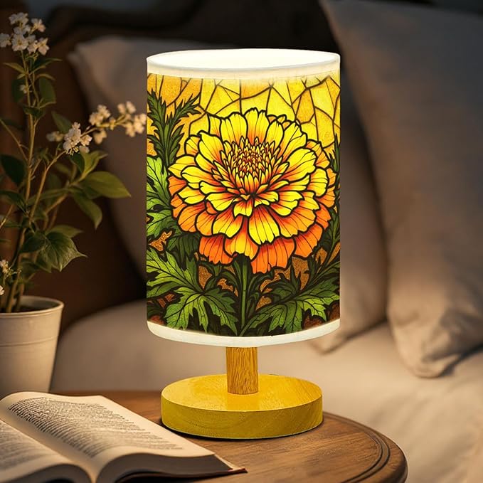 Marigold Table Lamp LED 3-Color Pressed Bedside, Marigold Shade Lamp with Wood Base for Bedroom Living Room Desk Office TL01