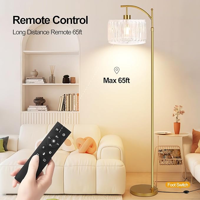 Glass Floor Lamp for Living Room,Bedroom,Gold Dimmable Standing Lamp with Remote,Brass White Tall Lamp Boho Mid Century Modern Floor Lamps Arc Floor Light Lamp Bohemian