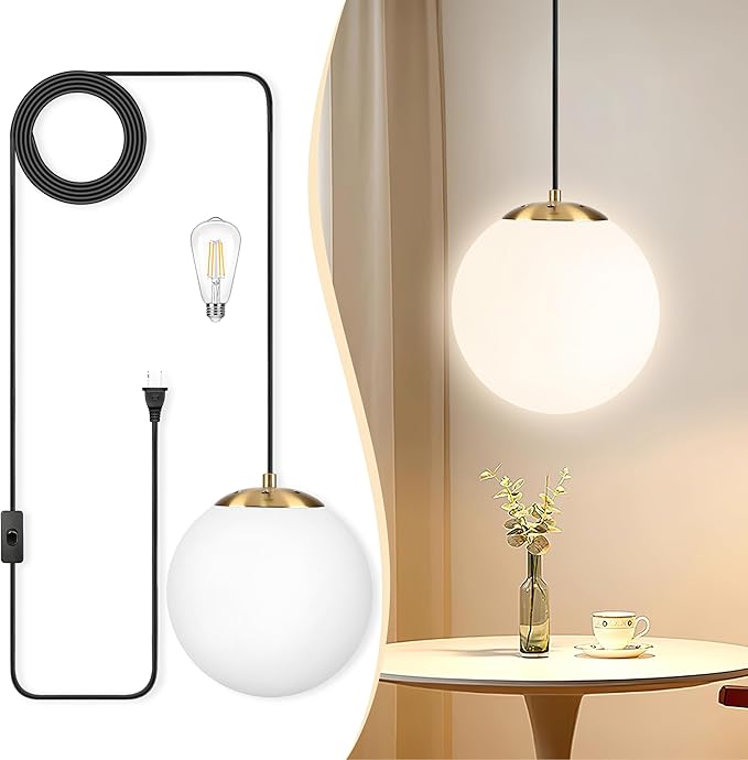 KoKo&Yukina 10" Globe Pendant Light Gold Plug in Pendant Light Adjustable Hanging Lights with Plug in Cord Brushed Gold Finished with Milk Glass Lampshade for Bedroom Kitchen Island（Bulb Included）