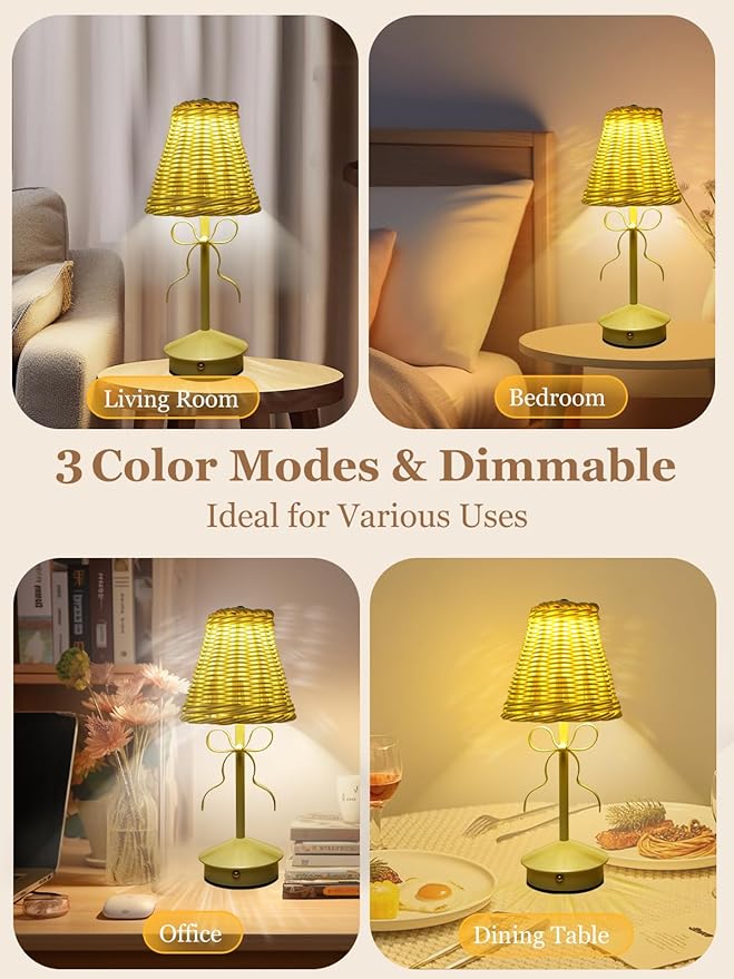 Boho Bow Rattan Table Lamp, Cordless Wicker Woven Vintage Table Lamp - LED Rechargeable Touch Control 3 Color Dimmable Reading Bedside Lamp for Bedroom Living Room Office, Home Outdoor Decor