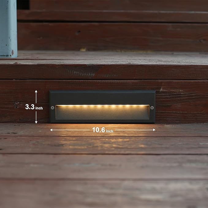GOODSMANN Low Voltage Step Lights 10.6 Inch Outdoor 12V AC Landscape Stair Lights Wired 2PK 6W LED Electric Outdoor Deck Lighting Black Metal 122 Lumens 3000K Warm White with Cable Connectors