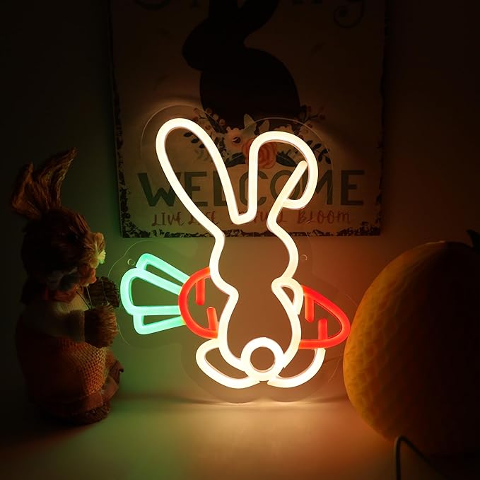 Easter Bunny Neon Sign for Easter Decorations, Party Home Room Decor, Wall Decor, Gifts for Kids