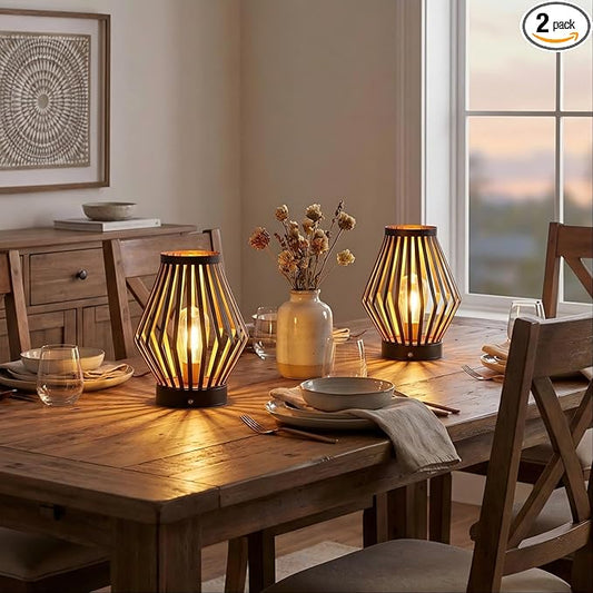 JHY DESIGN Dimmable Bedside Table Lamp 2-Pack | Rechargeable Metal Cage Lantern | Edison Bulb | Cordless Accent Light