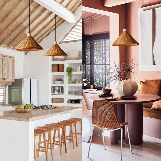 Hanging Light Fixture 13inch Bamboo Pendant Light Boho Hand-Woven Wicker Rattan Pendant Lamp Rustic Chandelier for Over Table Kitchen Island Farmhouse, 1-Light