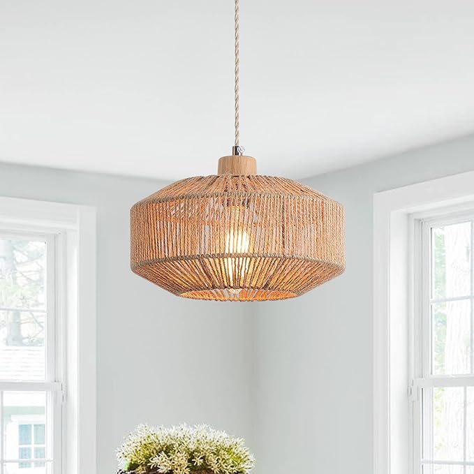 Coastal Woven Pendant Light Fixture One-Light Adjustable Natural Hemp Rope Cage Pendant Lighting for Kitchen Island Sink Farmhouse Dining Room