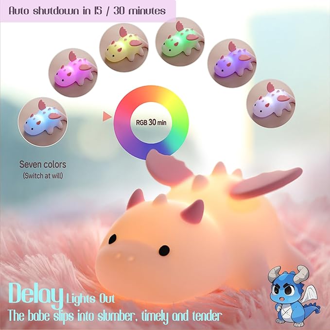 Dragon Night Light, Cute Pink Dragon Gifts, Soft Silicone Lamp with 3 Level Warm Light and RGB Changing, Breastfeeding Nursery Portable Kawaii Bedside Lamp for Baby, Toddler, Boys and Girls
