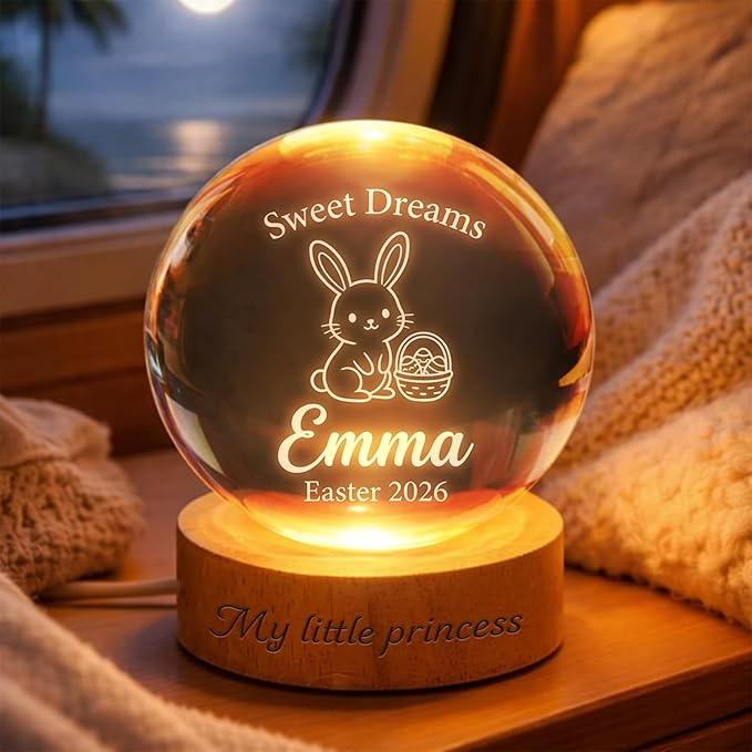 Personalized Easter Bunny Crystal Ball LED Lamp, Custom Name Glass Globe Night Light, Sweet Dreams Engraved Spring Home Decor Accent Light with Wooden Base, Easter Keepsake Gift for Family Display