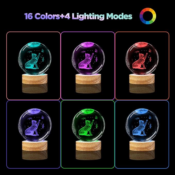 3D Cat Crystal Ball Night Light Cat Lover Gifts for Women Upgraded 3.15 In Cat Figurines Glass Ball Home Decor Lamps with 16 Color Cat Collectibles Snow Globes Gift for Girl Cat Lamp for Her Mom
