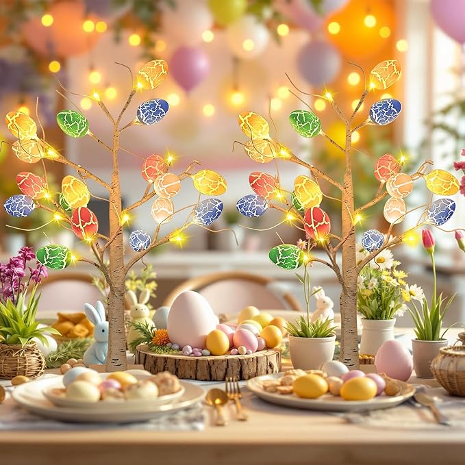 Easter Decorations 2 Pcs 24 Inch Pre-Lit White Birch Tree with 36 Eggs, 24 LED Battery Operated Tree Lights for Party, Home, Dining Table, Easter, Spring Decor