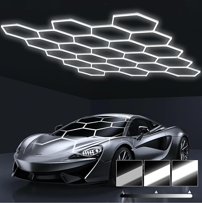 HYPERLITE Gen 2 Hexagon Garage Light, Upgraded 3 Level Dimmable 581W 58100LM Super Bright Garage Detailing Lights, 22 Grids Hexagon Shop Lights, Hex LED Lights for Basement, Gym, Barber