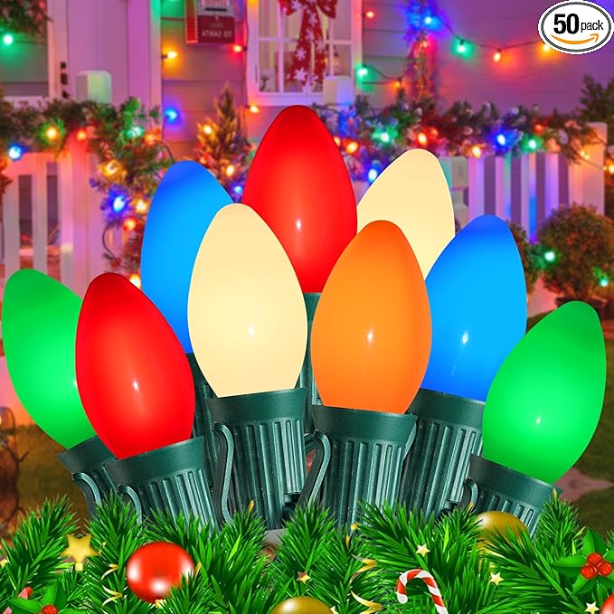 Christmas Decorations - 50 Feet C7 Vintage Christmas Lights Multicolor Christmas Tree Lights Outdoor Christmas String Lights with 50+5 Pack Bulbs for Christmas Tree Home Patio Yard Decor, E12 Base