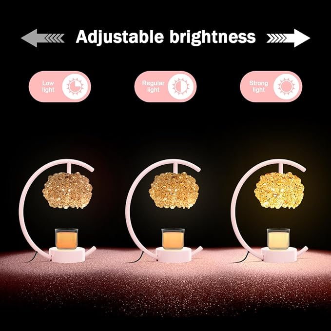 Pink Candle Warmer Lamp for Jar Candles with Adjustable Brightness＆Timer，Handcrafted Crystal＆Wooden Base,Candle Lamp Luxurious Design+2Bulbs,Home Decoration Electric Candle lamp(C-Shaped)