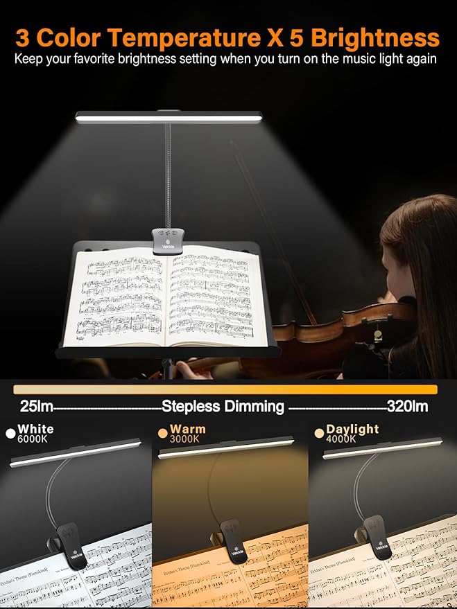 Vekkia Professional 116 LED Rechargeable Music Stand Light - Foldable Clip-on Lamp, Eye-Protective, 5 Brightness & 3 Color Temp Adjustments, for Piano, Reading