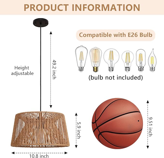 Rattan Pendant Light,boho hanging light Fixture Kitchen Island,Handwoven wicker Flush Mount ceiling light fixtures,Coastal Natural rattan chandelier for dining room Bedroom Living Room Hallway