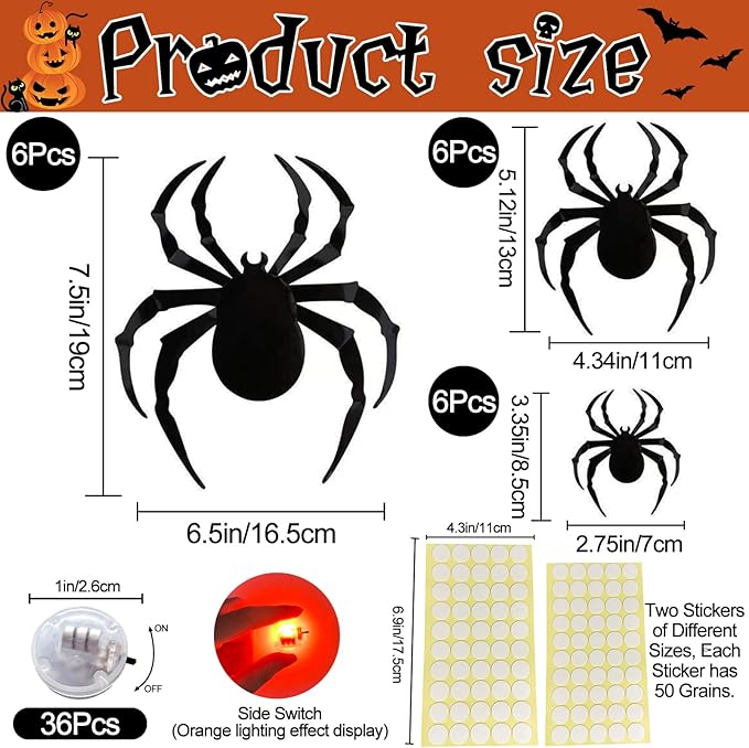 36 Pack Halloween Bat Spider Wall Decor, 3D LED Bat Spider Wall Stickers - 3 Colors - 3 Size - Removable Light up Spiders Bats Wall Decals for Halloween Party, Bedroom Window Decorations