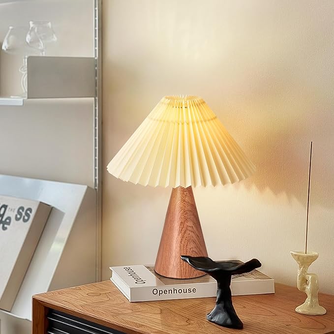 Wood Grain Small Table Lamp, Cute Table Lamp, Pleated Table Lamp, Wooden Bedroom Lamps for Nightstand, Small Scalloped Lamp Shade Table Lamps for Small Spaces for Bedroom,Living Room