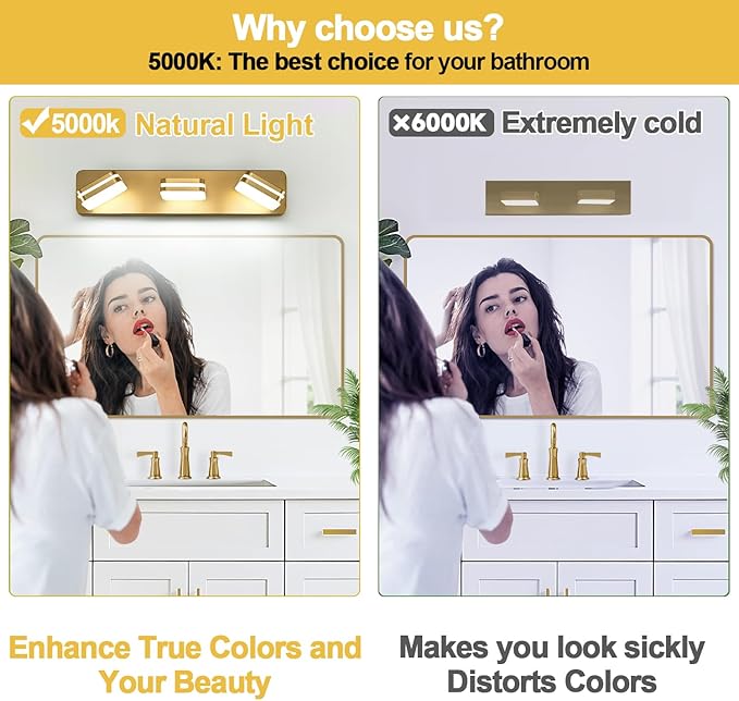 1300LM LED Modern Bathroom Vanity Light Fixtures, 360° Rotate Acrylic Gold Vanity Lights for Bathroom, Modern Wall Lighting Fixtures Over Mirror Kitchen Living Room (Natural White Light 5000K)