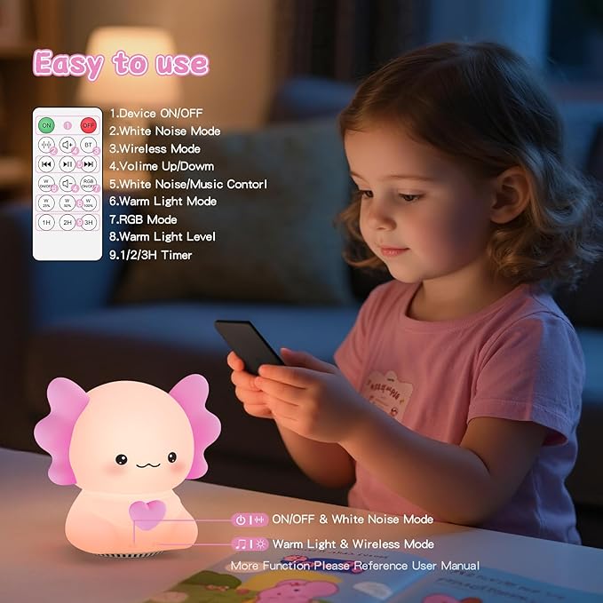 Axolotl Night Light with Sound Machine, Pink Silicone Touch Lamp, Wireless Speaker, Remote Control White Noise for Tinnitus Relief for Ringing Ears, Soft Touch Lamp