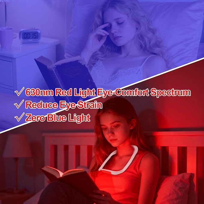 630nm Red Neck Reading Light - Zero Blue Light, Rechargeable Dimmable Portable LED Red Neck Book Lamp for Reading, Crafts, Crochet at Night, Ideal Gift for Readers and Craft Lovers（White