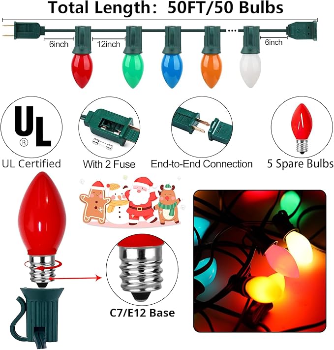 50FT C7 Christmas Lights Outdoor, Multicolor Vintage Christmas Lights String with 50+5 Ceramic Bulbs,Hanging Christmas Light Green Wire for Holiday Party Wedding Christmas Decorations