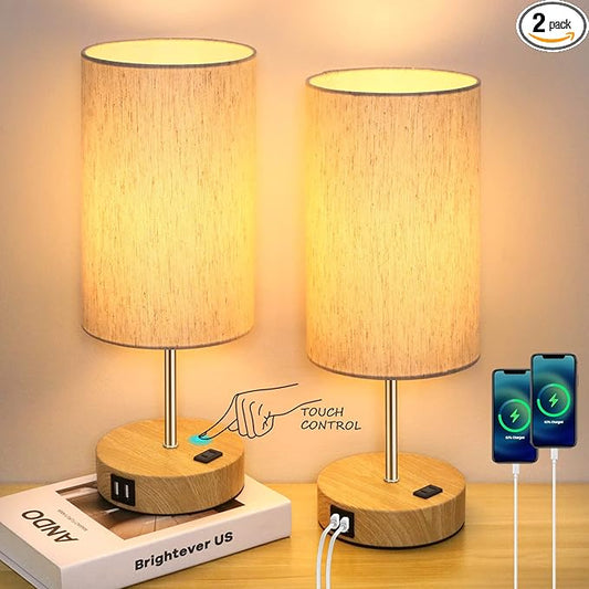 Table Lamps Set of 2 Touch Control, 2 USB Charging Ports&AC Outlet, 3-Way Dimmable Bedside Nightstand Lamp with Flaxen Fabric Shade and Wooden Base for Bedroom, 2-Pack A19 LED Bulbs Included