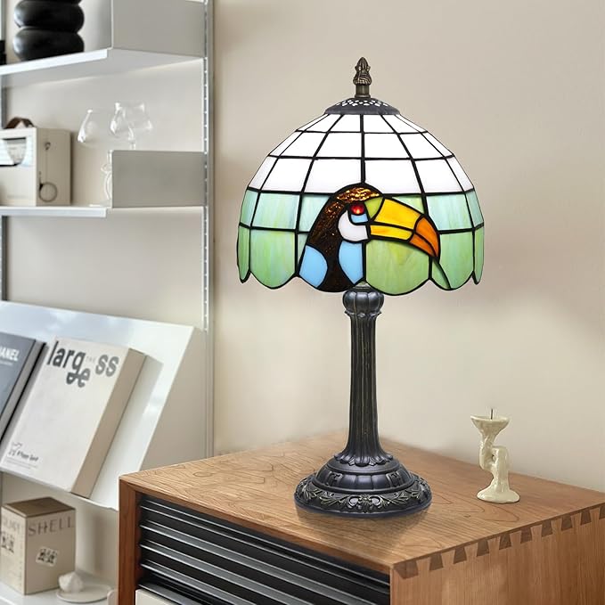 Small Tiffany Lamp Stained Glass Lamp Retro Style Bird Toucan Reading Bedside Table Lamp for Bedrooms Kitchen Dormitories Studies Antique Home Restaurant Office Decor Children's Gift 8 Inch