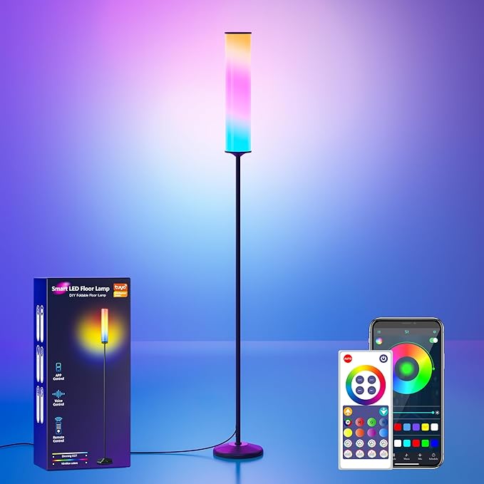 RGB Cylinder Floor Lamp, 1500Lumen Smart Floor Lamps, DIY Mode, Music Sync, Compatible with Alexa, Google, and Apple, for Living Room, Bedroom, Gaming, with Three Stickers