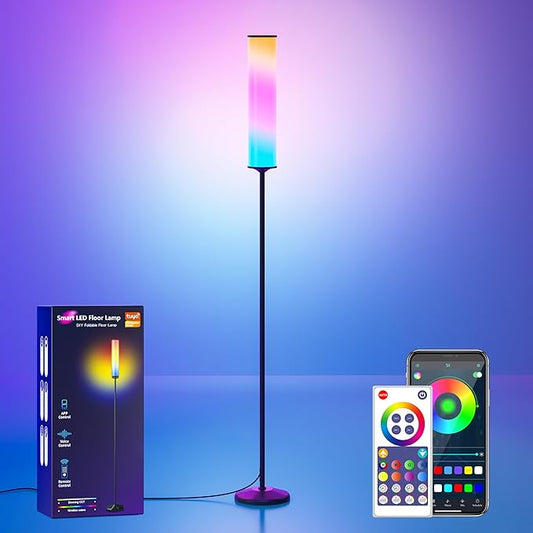 RGB Cylinder Floor Lamp, 1500Lumen Smart Floor Lamps, DIY Mode, Music Sync, Compatible with Alexa, Google, and Apple, for Living Room, Bedroom, Gaming, with Three Stickers
