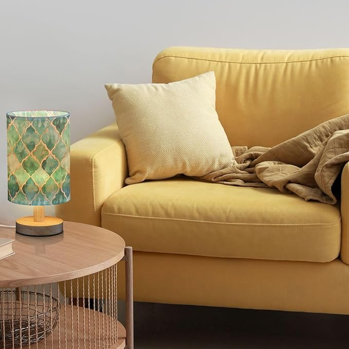 Teal Green and Gold Moroccan Tile Bedside Table Lamps with USB Port for Bedroom Lamp Table Lamp Small Nightstand Lamp Sturdy Linen Shade Wooden Decorative Lamps for Home Dorm Office Living Room