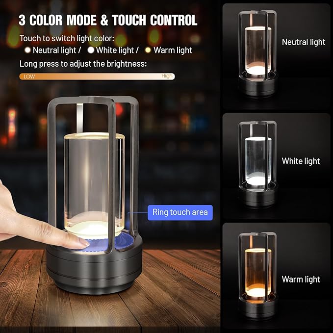 Cordless Table Lamp for Outdoor Indoor, Portable Rechargeable Battery Powered LED Crystal Lantern Lamp, 3 Color Touch Control Stepless Dimming, Small Desk Light for Restaurant Home (Black)