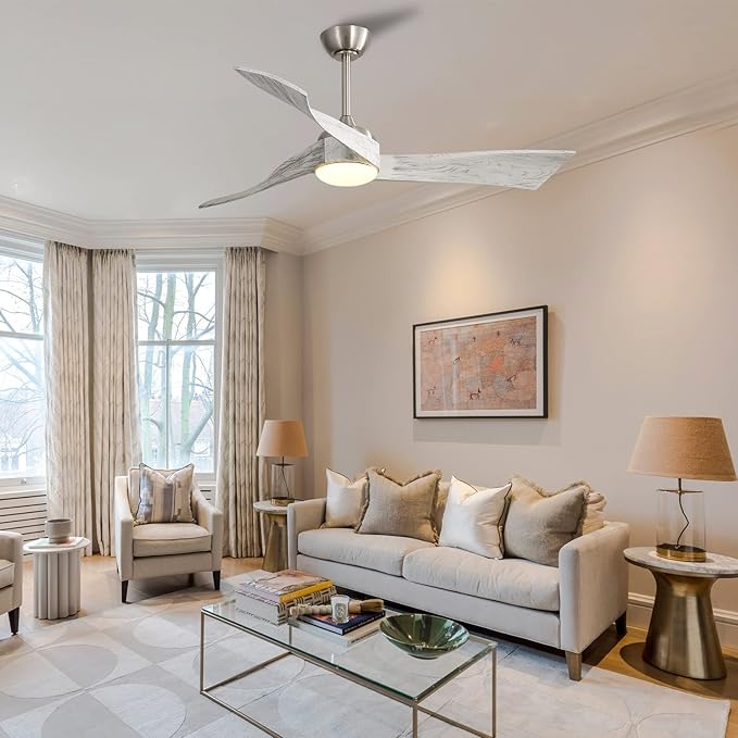 52 inch Ceiling Fans with Lights Remote Control,3 Wood Blades Outdoor Ceiling Fan, Dimmable LED Reversible DC Motor,Silver