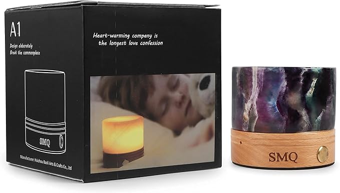 SMQ Rainbow Fluorite Crystal Night Light with USB Charging Port,Handmade Polished Natural Stone Cylindrical Touch Night Lamp with Wooden Base for Living Room,Shelf,Office