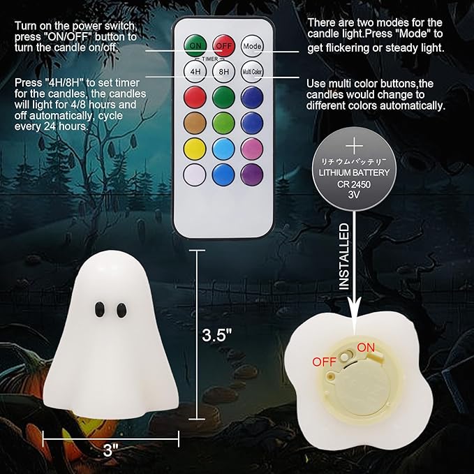 DRomance Halloween Ghost Flameless Candles Battery Operated with 18-Key Remote and Timer Set of 3 Real Wax Color Changing LED Flickering Candles Spooky Halloween Indoor Decoration(3" D x 3.5" H)