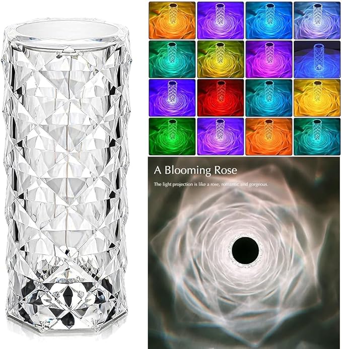 Rose Diamond Table Lamp RGB Color Changing Crystal Night Light, Touch Control Bedside Lamp with USB Rechargeable & Remote, Atmosphere Lamp for Mother's Day Valentines Wedding Decoration