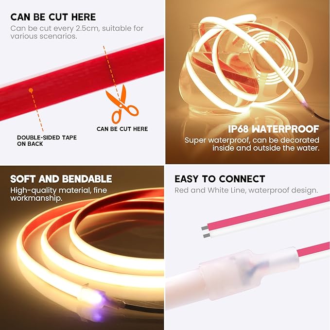 24V COB Neon Strip, 320LEDs/m Ultra-Bright Flexible COB Neon LED Strip, Outdoor Waterproof IP68 Self-Adhesive Tape, Red/White 2-Wire LED Fairy Lights for Patio, Christmas（Neutral White,6M）