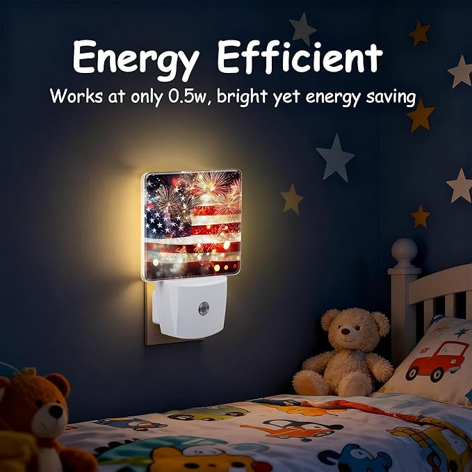 America Flag with Fireworks Night Light for Kids, Dusk-to-Dawn Auto Sensor Plug in Night Light, 0.5W Energy Saving Non-Toxic Design for Bedroom/Bathroom, Ideal Gifts for Women, Men & Kids