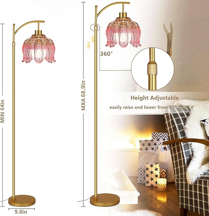 Pink Floor Lamp for Living Room,Bedroom,Gold Dimmable Standing Lamp with Remote,Mid Century Modern Brass Tall Lamp Boho Floor Lamps Arc Stained Glass Flower Floor Light Lamp Girls kids Bohemian