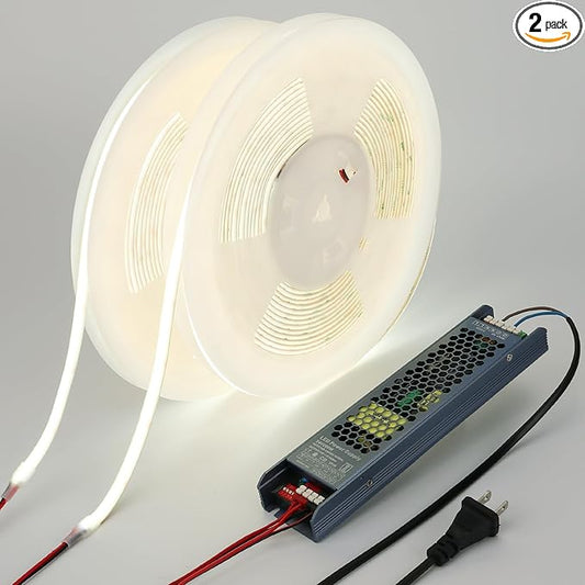 24V Diffused COB LED Strip Light 65.6ft (2 Rolls of 32.8ft), 6000K Cool White Outdoor Milky Silicone Waterproof, 11W/M CRI 93 LED Tape Lights with Power Supply for Bedroom Courtyard