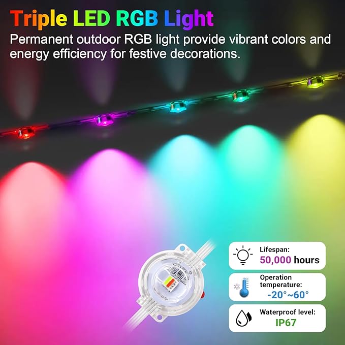 150FT Permanent Smart RGB LED Eaves Outside Lights, Music Sync, Timing Function, Remote Control and IP67 Waterproof LED Outdoor String Lights for All Holiday