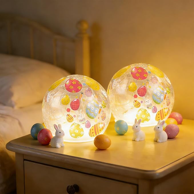 2PCS Easter Glass Ball Lights, 3.93'' Easter Egg Bunny Crackle LED Lights Decorations, Lighted Glass Ball Tabletop Sphere Lamp Decorative Battery Operated for Holiday Indoor Party Table Decor