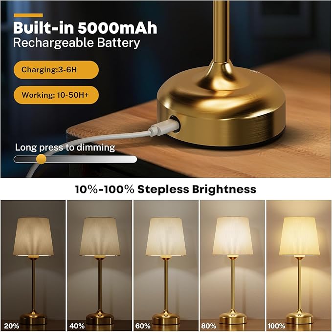 Cordless Table Lamp, Small Table Lamp 5000mAh Rechargeable Table Lamp Battery Operated Touch Lamp Fabric Shade Stepless Dimmable Bedside Lamps for Bedroom, Living Room, Dining Room