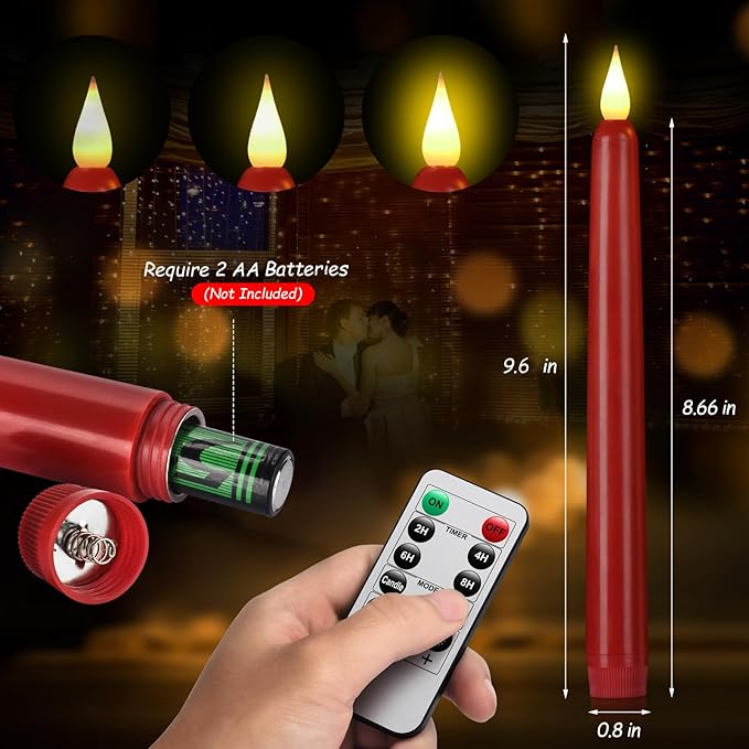 Flameless Taper Candles with Remote Control and Timer, Battery Operated LED Candlesticks with Flickering 3D Flame, 9.6×0.8Inches Plastic Tall Candles for Christmas, Wedding and Home Decor (Red, 9)