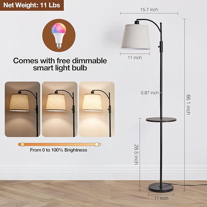 AIDENOEY Smart Floor Lamp with Side Table | Stepless Dimming, RGB Multi-Color | Adjustable Swivel Head | Voice Control with Alexa & Google Assistant |Black Lamp for Living Room,Bedroom,Home Office
